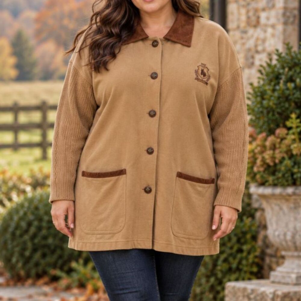 Vintage 90s Equestrian Cardigan Jacket Camel Suede Collar Horse Crest